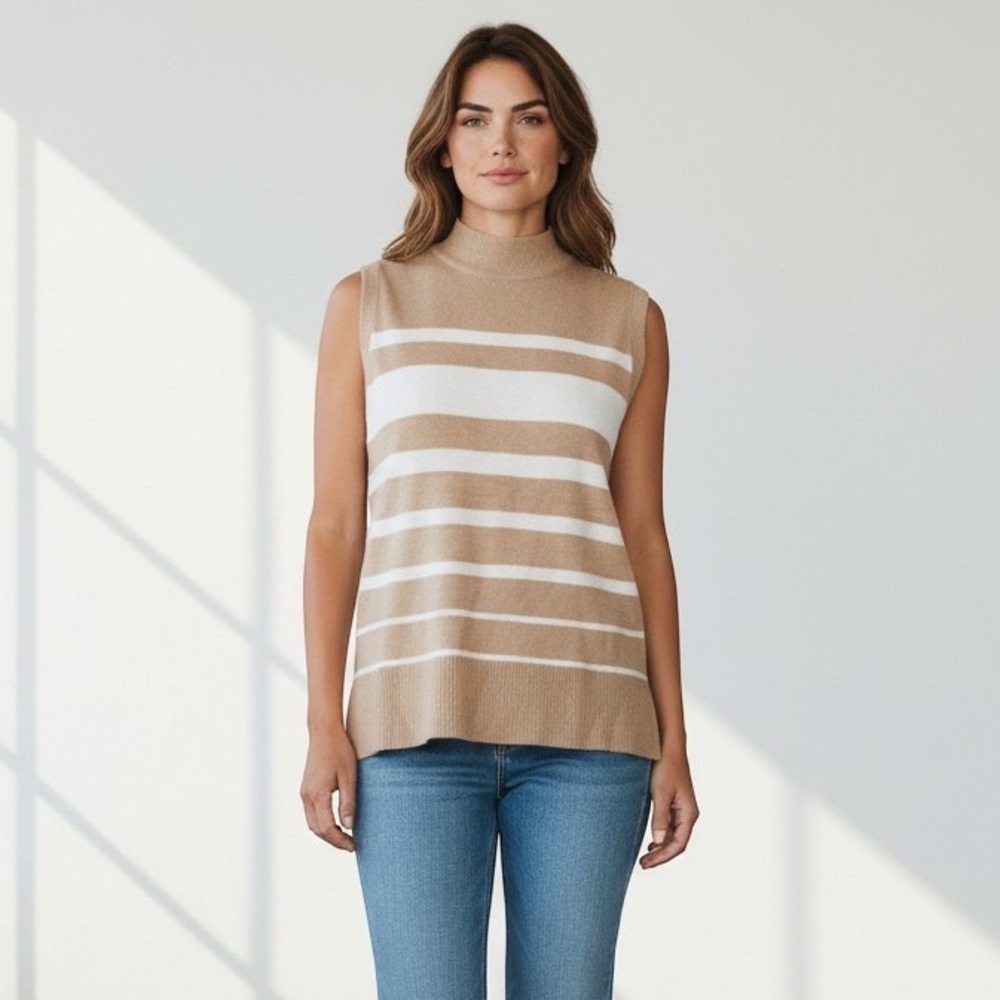 Ellen Tracy Women M Camel White Stripe Mock Neck Chic Knit Sweater Tank Top NEW